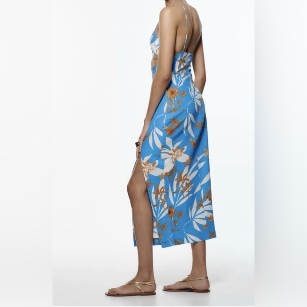 Zara Tropical Floral Blue Linen Blend Cut Out Front Slit Dress - Picture 3 of 13